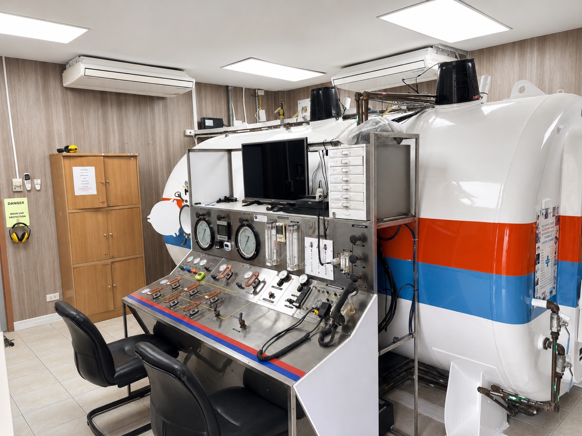 The recompression chamber at the SSS Phuket facility in Thailand. A stainless-steel operator console stands in front of the white multiplace chamber, carrying depth gauges, gas flow meters, valves and communication handsets, with a monitor above it. Ear defenders and a sign reading "danger, wear ear protection" hang on the wall beside it.